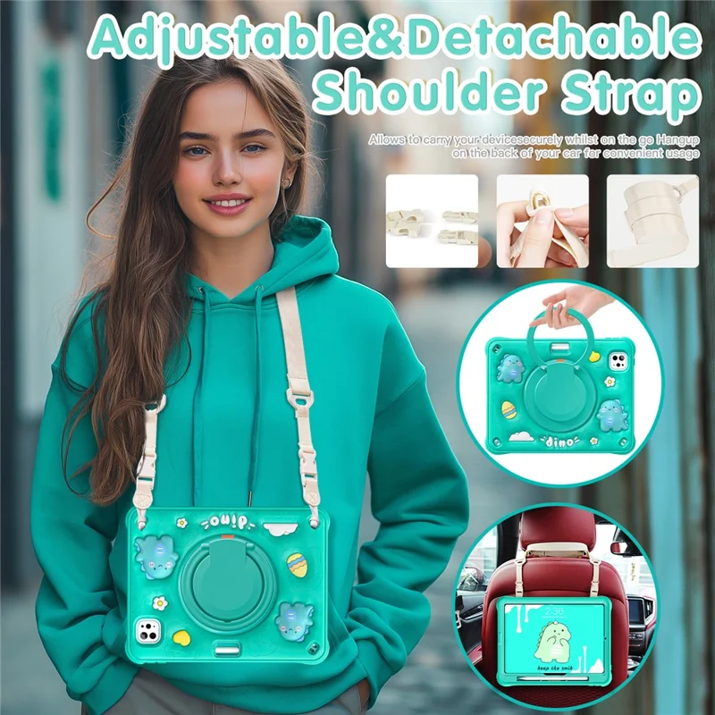 For iPad Pro 11 (2025) / 11 (2024) Case with Shoulder Strap Cartoon Dinosaur Kickstand PC+Silicone+TPU Tablet Cover