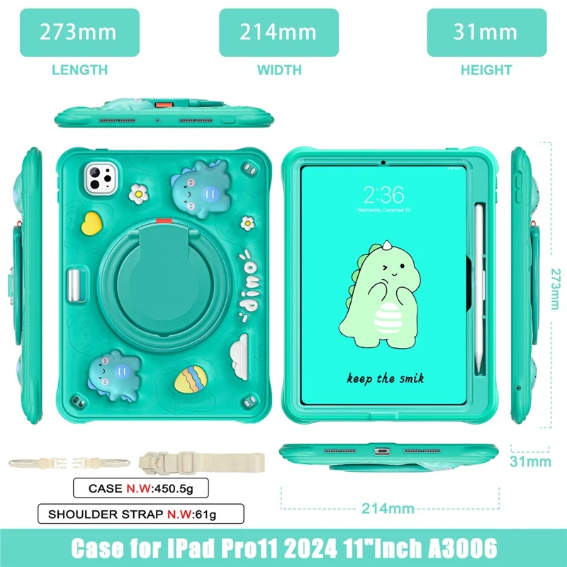 For iPad Pro 11 (2025) / 11 (2024) Case with Shoulder Strap Cartoon Dinosaur Kickstand PC+Silicone+TPU Tablet Cover