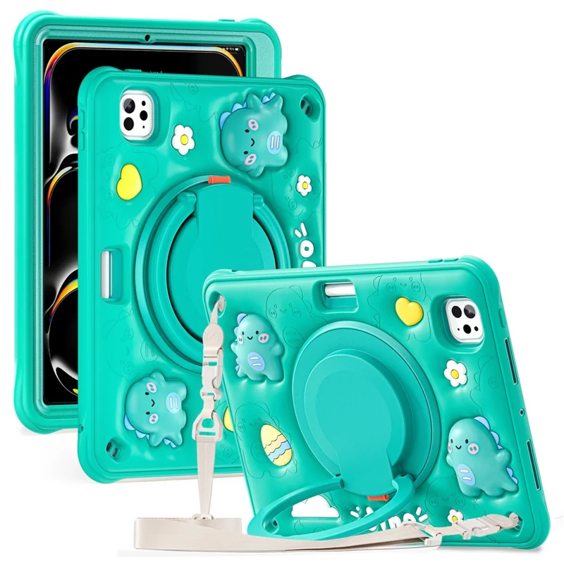 For iPad Pro 11 (2025) / 11 (2024) Case with Shoulder Strap Cartoon Dinosaur Kickstand PC+Silicone+TPU Tablet Cover