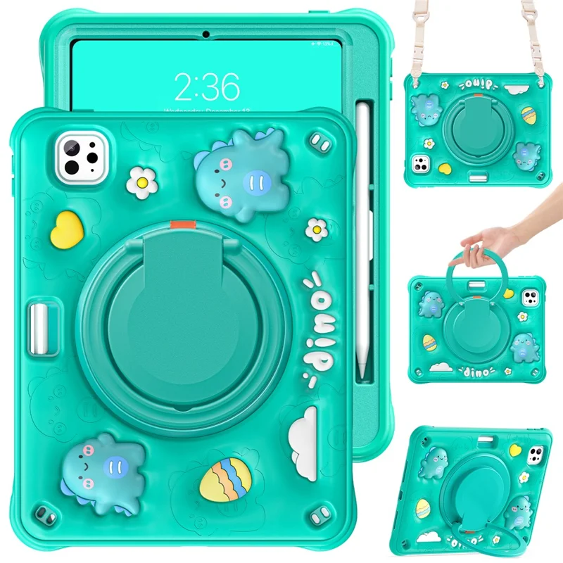 For iPad Pro 11 (2025) / 11 (2024) Case with Shoulder Strap Cartoon Dinosaur Kickstand PC+Silicone+TPU Tablet Cover