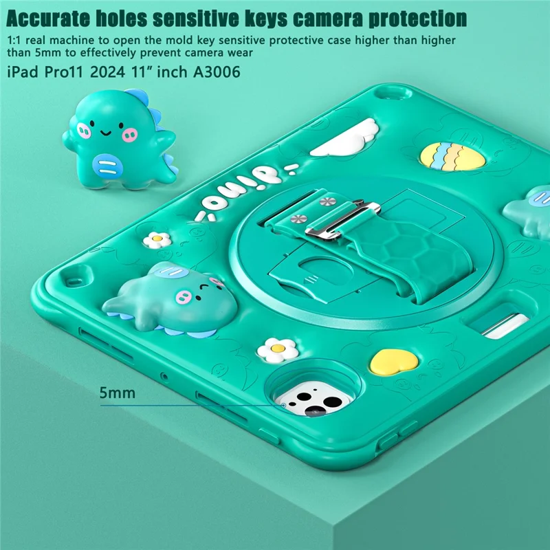 For iPad Pro 11 (2024) Case with Shoulder Strap Cartoon Dinosaur Kickstand PC+Silicone+TPU Cover