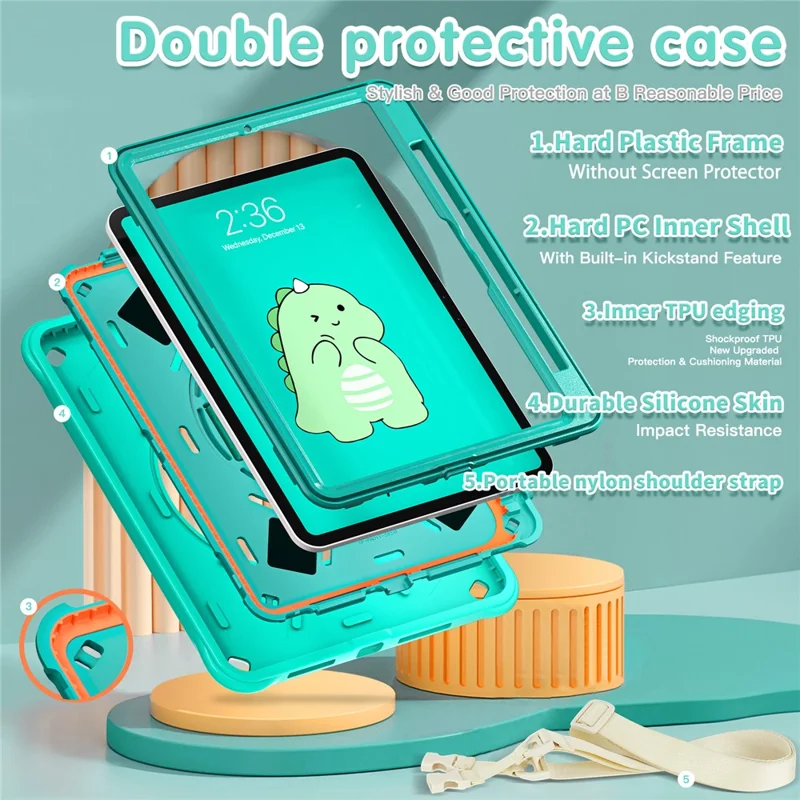 For iPad Pro 11 (2024) Case with Shoulder Strap Cartoon Dinosaur Kickstand PC+Silicone+TPU Cover