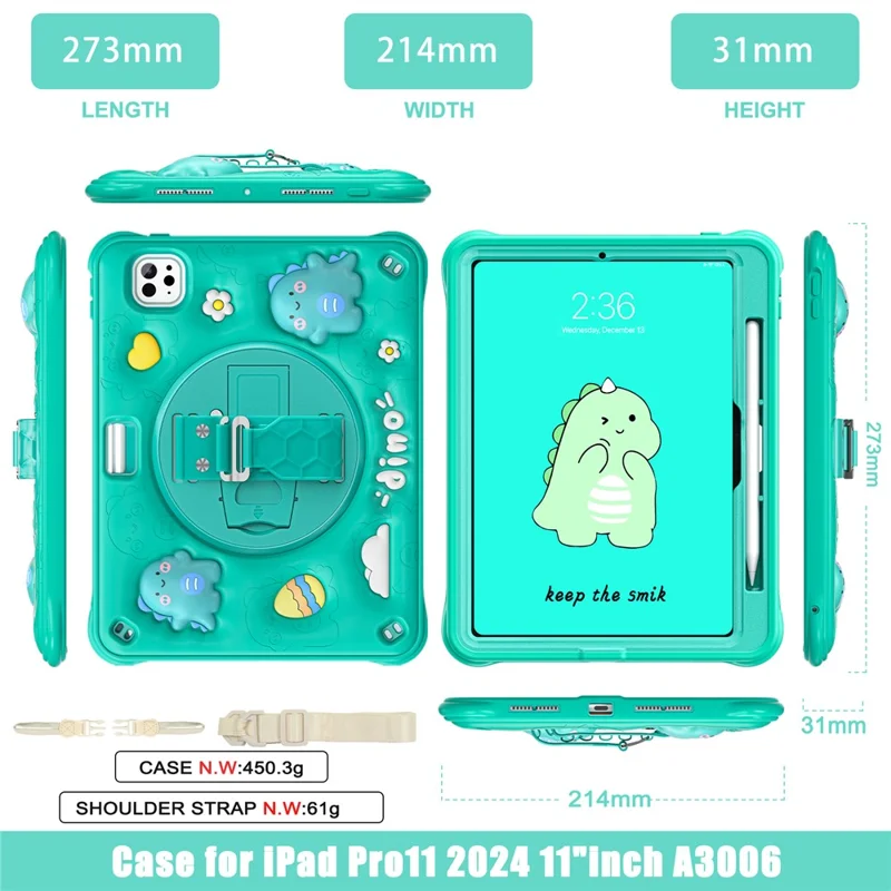 For iPad Pro 11 (2024) Case with Shoulder Strap Cartoon Dinosaur Kickstand PC+Silicone+TPU Cover
