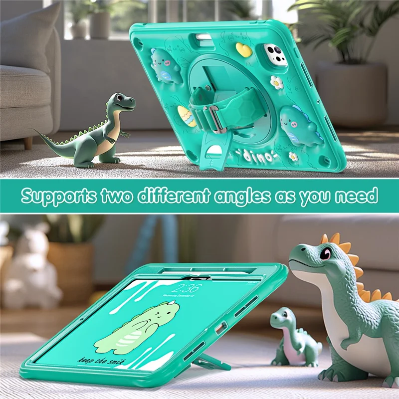For iPad Pro 11 (2024) Case with Shoulder Strap Cartoon Dinosaur Kickstand PC+Silicone+TPU Cover