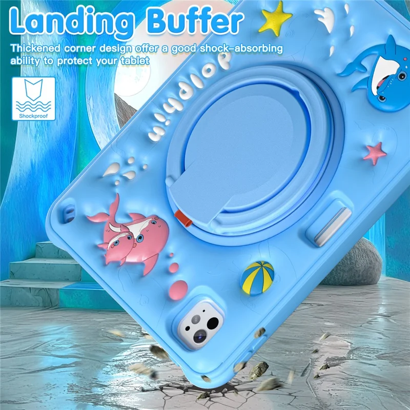 For iPad Pro 11 (2024) Case with Shoulder Strap Cute Dolphin PC+Silicone+TPU Kickstand Tablet Cover
