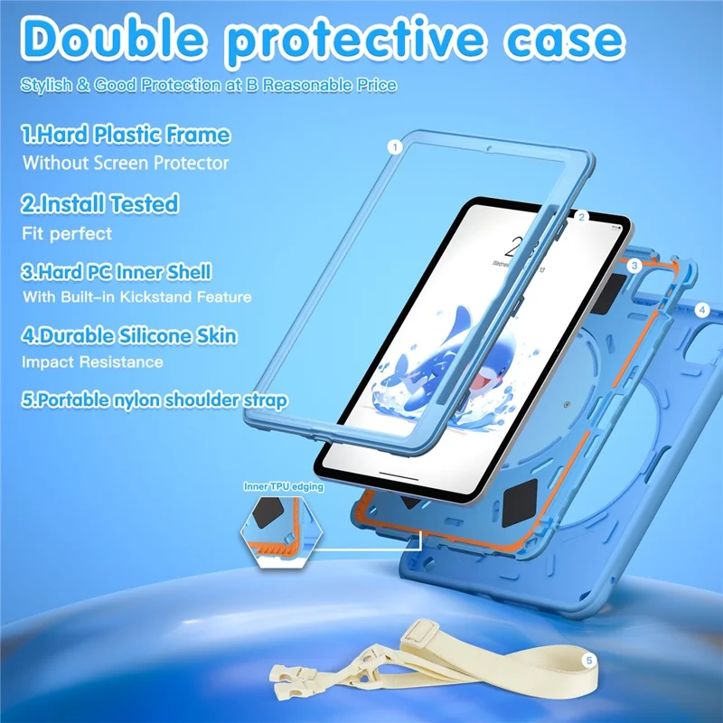For iPad Pro 11 (2024) Case with Shoulder Strap Cute Dolphin PC+Silicone+TPU Kickstand Tablet Cover