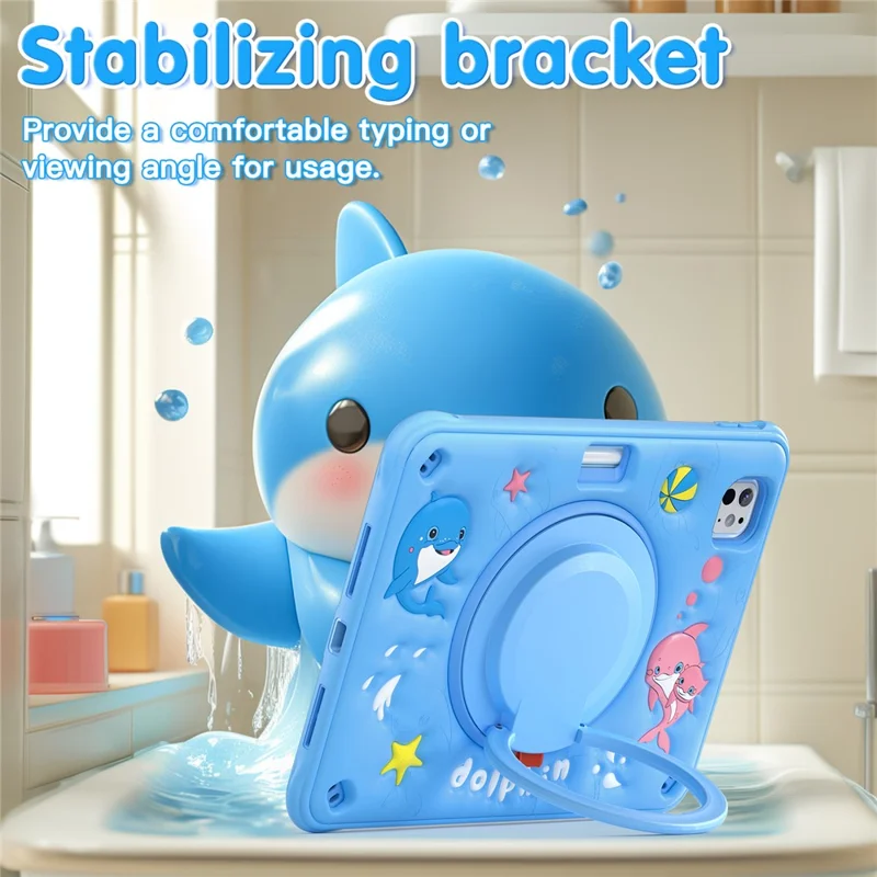 For iPad Pro 11 (2024) Case with Shoulder Strap Cute Dolphin PC+Silicone+TPU Kickstand Tablet Cover