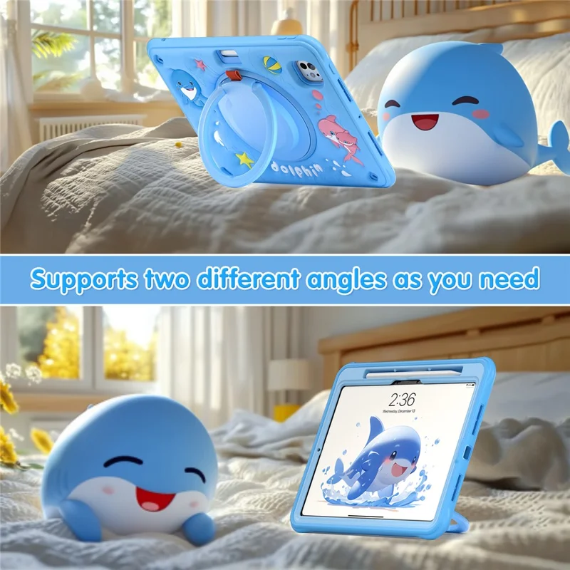 For iPad Pro 11 (2024) Case with Shoulder Strap Cute Dolphin PC+Silicone+TPU Kickstand Tablet Cover