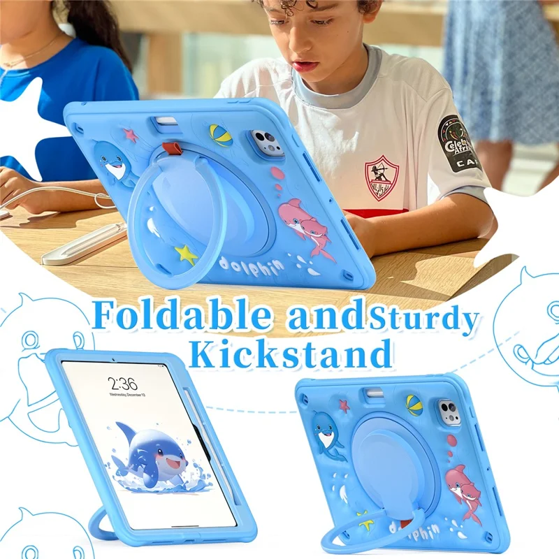 For iPad Pro 11 (2024) Case with Shoulder Strap Cute Dolphin PC+Silicone+TPU Kickstand Tablet Cover