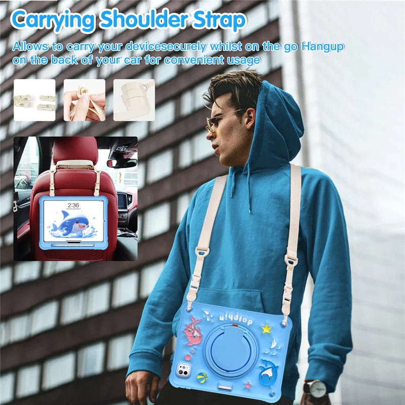 For iPad Pro 11 (2024) Case with Shoulder Strap Cute Dolphin PC+Silicone+TPU Kickstand Tablet Cover