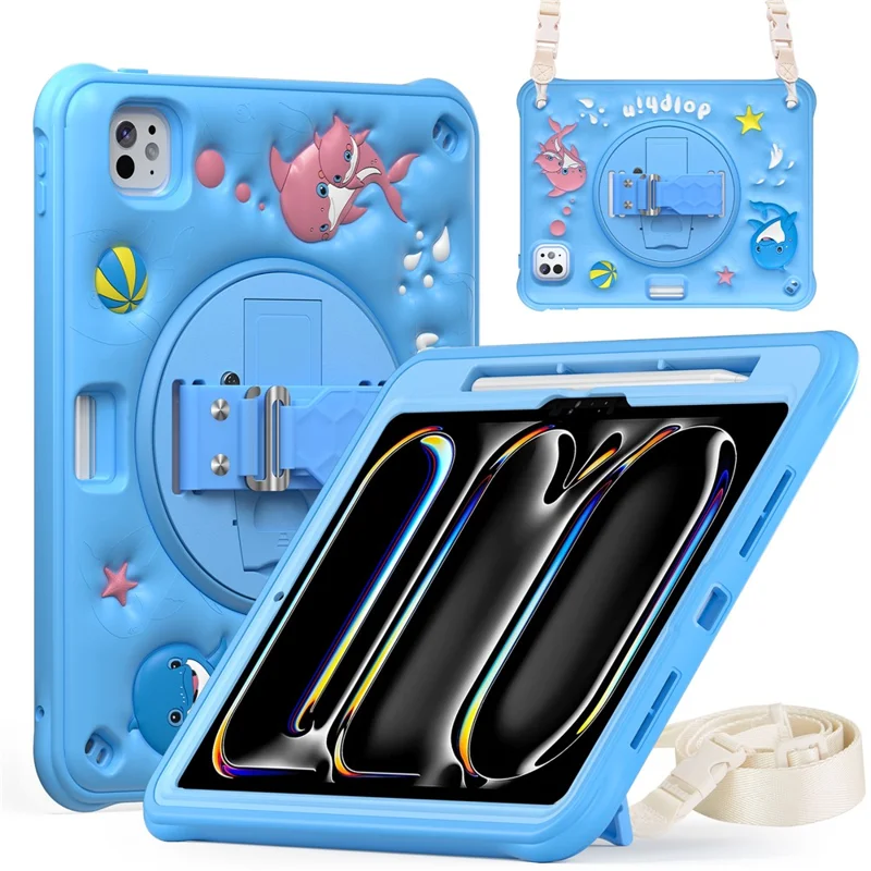 For iPad Pro 11 (2024) Case with Shoulder Strap Kickstand PC+Silicone+TPU Cute Dolphin Cover