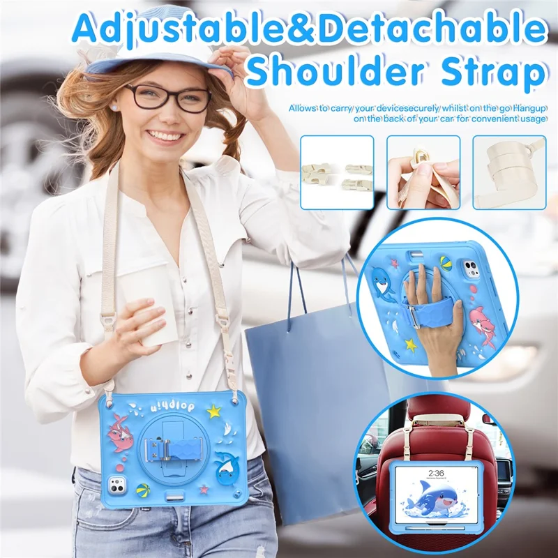For iPad Pro 11 (2024) Case with Shoulder Strap Kickstand PC+Silicone+TPU Cute Dolphin Cover