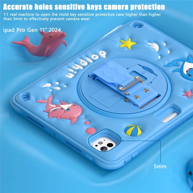 For iPad Pro 11 (2024) Case with Shoulder Strap Kickstand PC+Silicone+TPU Cute Dolphin Cover