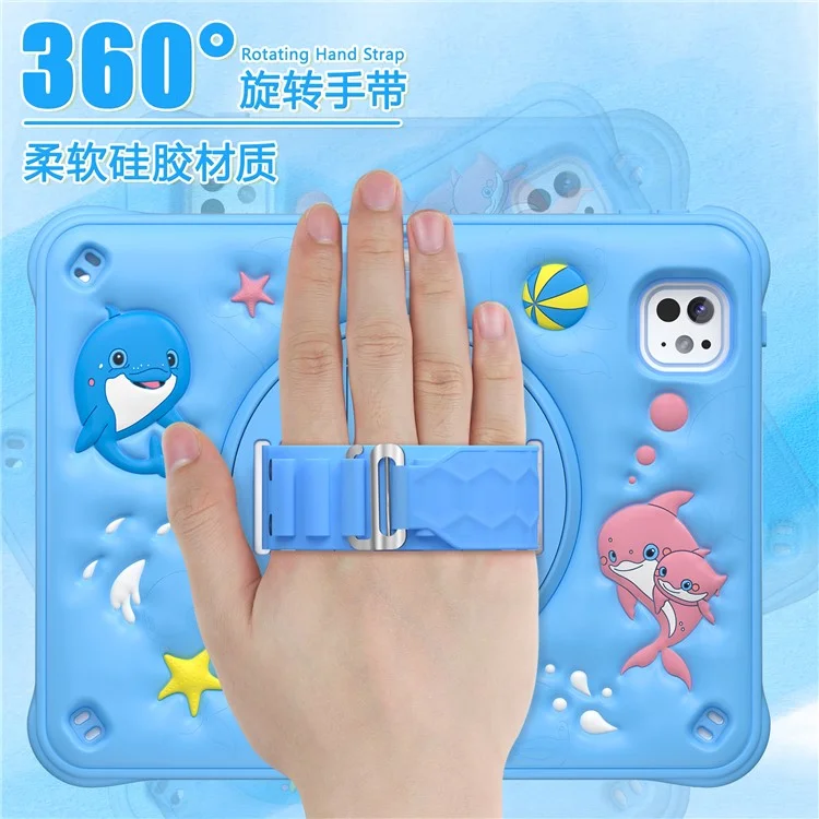 For iPad Pro 11 (2024) Case with Shoulder Strap Kickstand PC+Silicone+TPU Cute Dolphin Cover