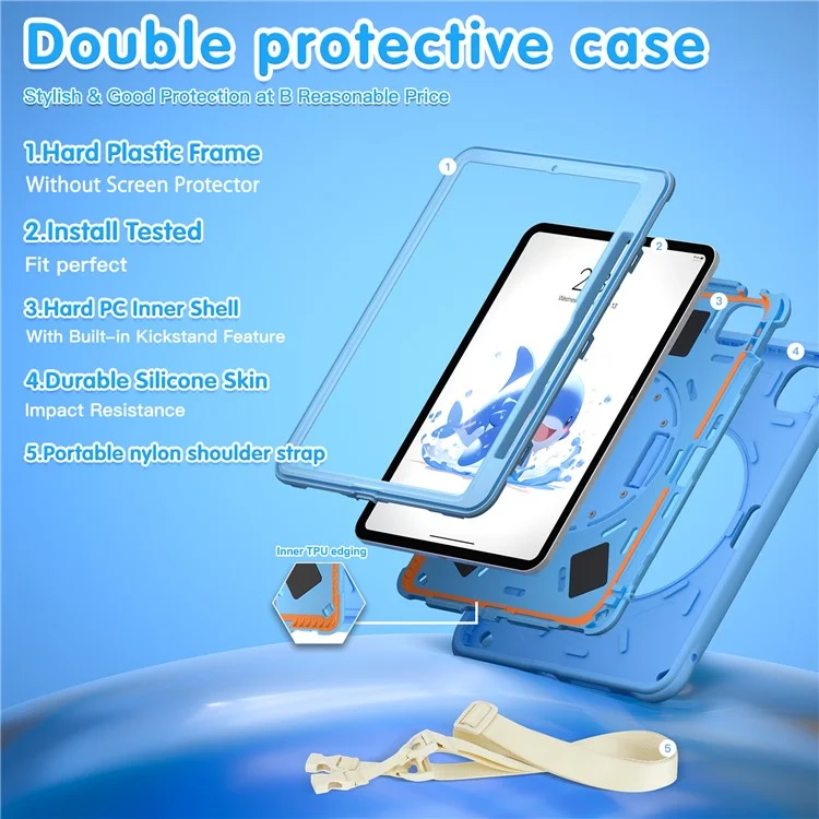 For iPad Pro 11 (2024) Case with Shoulder Strap Kickstand PC+Silicone+TPU Cute Dolphin Cover