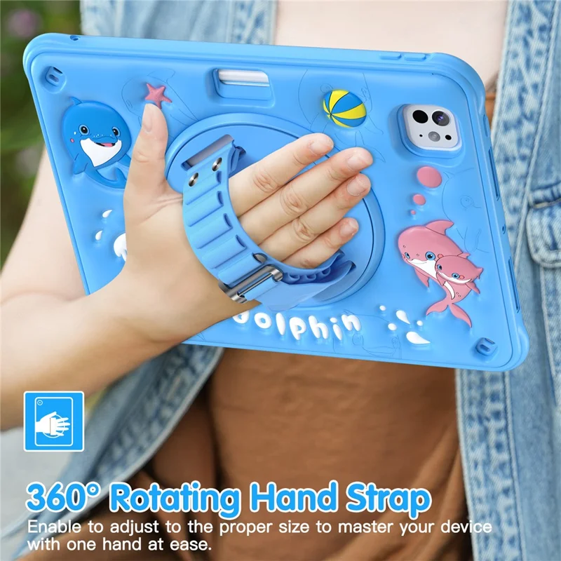 For iPad Pro 11 (2024) Case with Shoulder Strap Kickstand PC+Silicone+TPU Cute Dolphin Cover