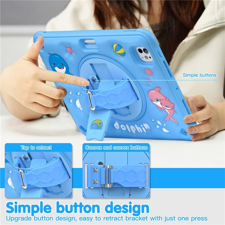 For iPad Pro 11 (2024) Case with Shoulder Strap Kickstand PC+Silicone+TPU Cute Dolphin Cover