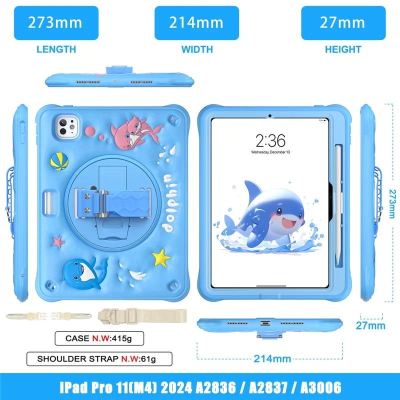 For iPad Pro 11 (2024) Case with Shoulder Strap Kickstand PC+Silicone+TPU Cute Dolphin Cover
