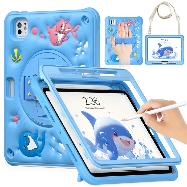 For iPad Pro 11 (2024) Case with Shoulder Strap Kickstand PC+Silicone+TPU Cute Dolphin Cover