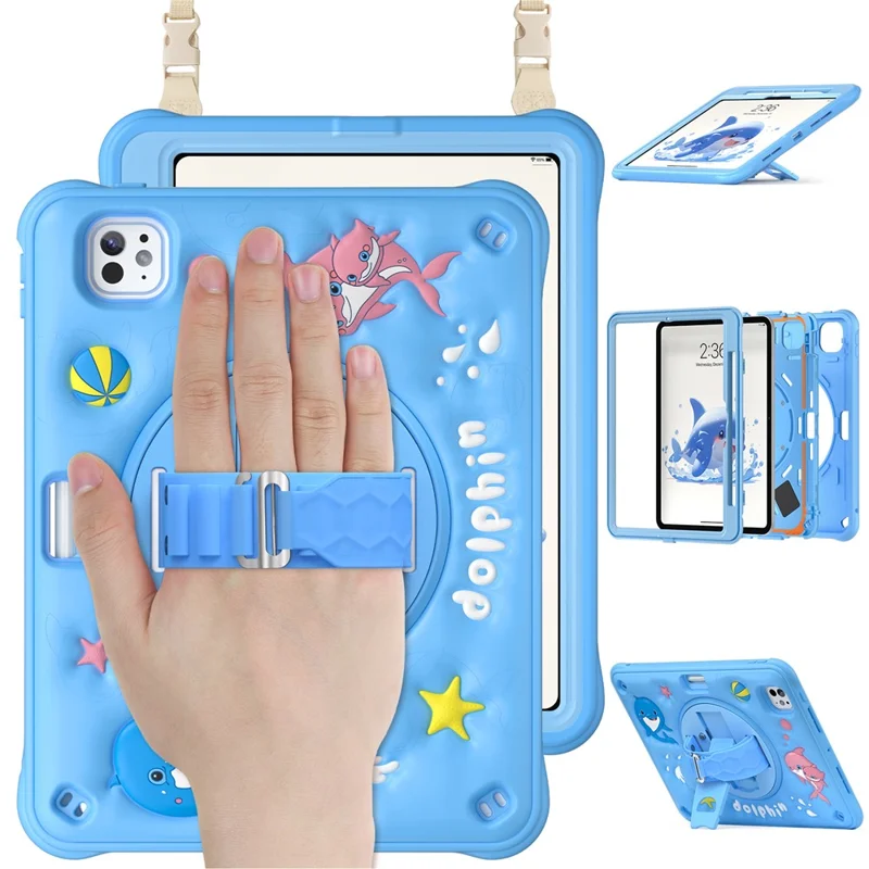 For iPad Pro 11 (2024) Case with Shoulder Strap Kickstand PC+Silicone+TPU Cute Dolphin Cover