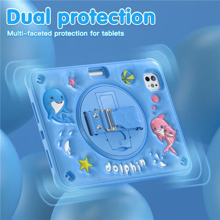 For iPad Pro 11 (2024) Case with Shoulder Strap Kickstand PC+Silicone+TPU Cute Dolphin Cover