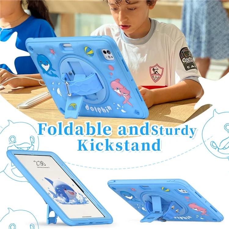 For iPad Pro 11 (2024) Case with Shoulder Strap Kickstand PC+Silicone+TPU Cute Dolphin Cover
