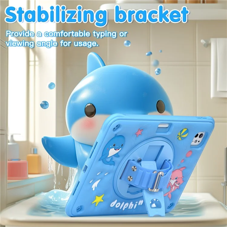 For iPad Pro 11 (2024) Case with Shoulder Strap Kickstand PC+Silicone+TPU Cute Dolphin Cover