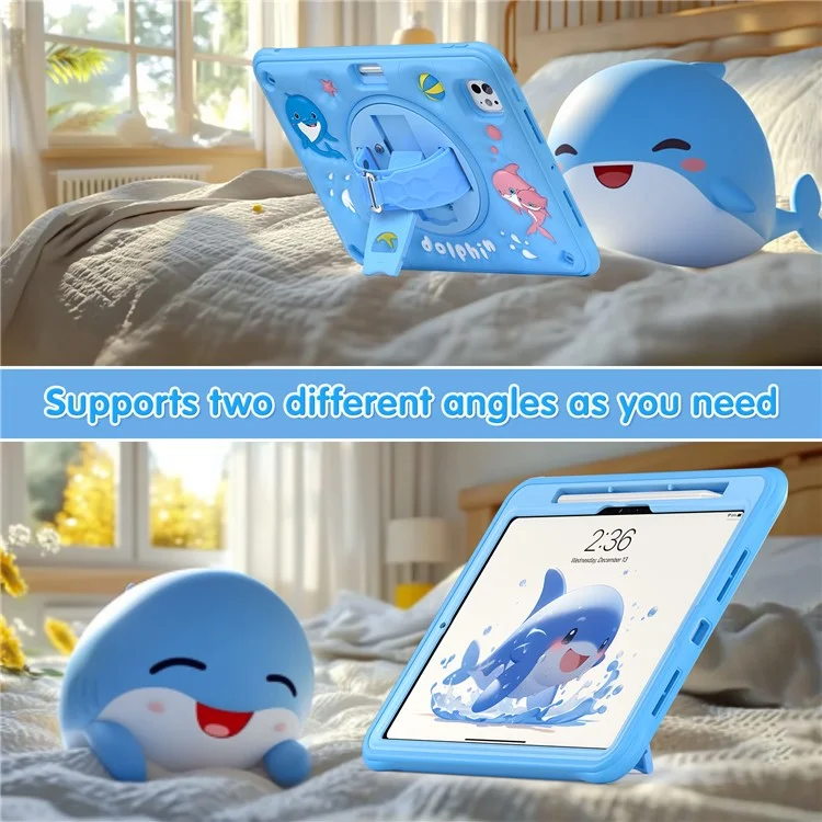 For iPad Pro 11 (2024) Case with Shoulder Strap Kickstand PC+Silicone+TPU Cute Dolphin Cover