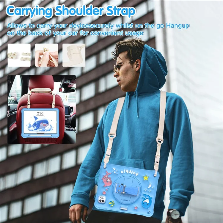 For iPad Pro 11 (2024) Case with Shoulder Strap Kickstand PC+Silicone+TPU Cute Dolphin Cover