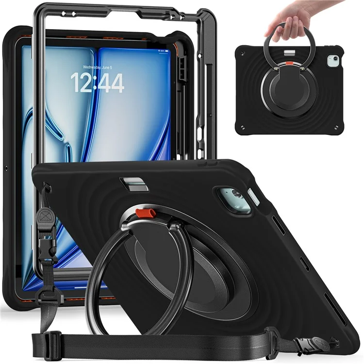 For iPad Air 13 (2025) / (2024) / Pro 12.9 (2022) / (2021) / (2020) / (2018) Case with Shoulder Strap Kickstand Tablet Cover - Black