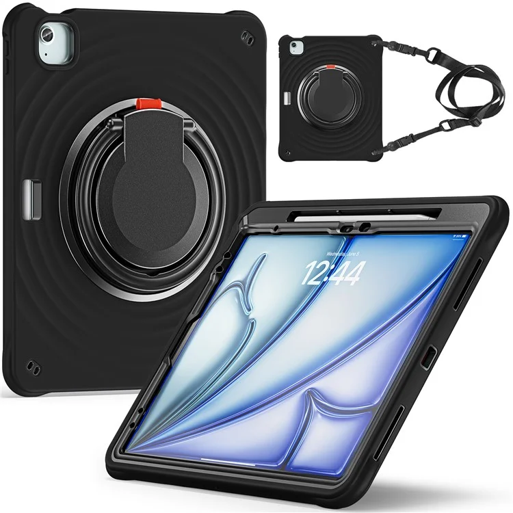For iPad Air 13 (2025) / (2024) / Pro 12.9 (2022) / (2021) / (2020) / (2018) Case with Shoulder Strap Kickstand Tablet Cover - Black