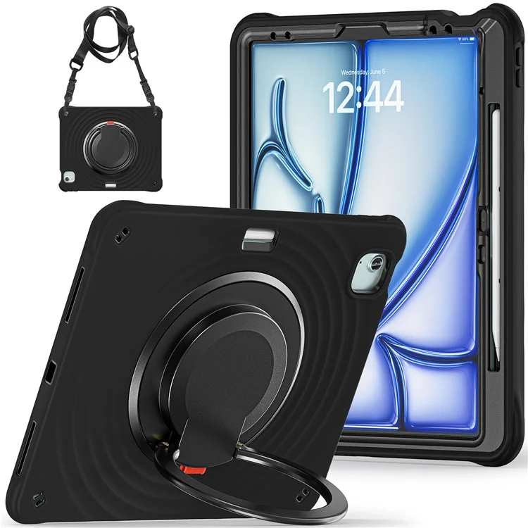 For iPad Air 13 (2025) / (2024) / Pro 12.9 (2022) / (2021) / (2020) / (2018) Case with Shoulder Strap Kickstand Tablet Cover - Black