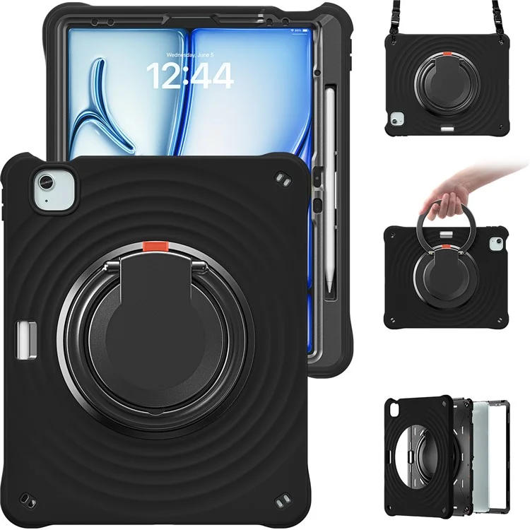 For iPad Air 13 (2025) / (2024) / Pro 12.9 (2022) / (2021) / (2020) / (2018) Case with Shoulder Strap Kickstand Tablet Cover - Black