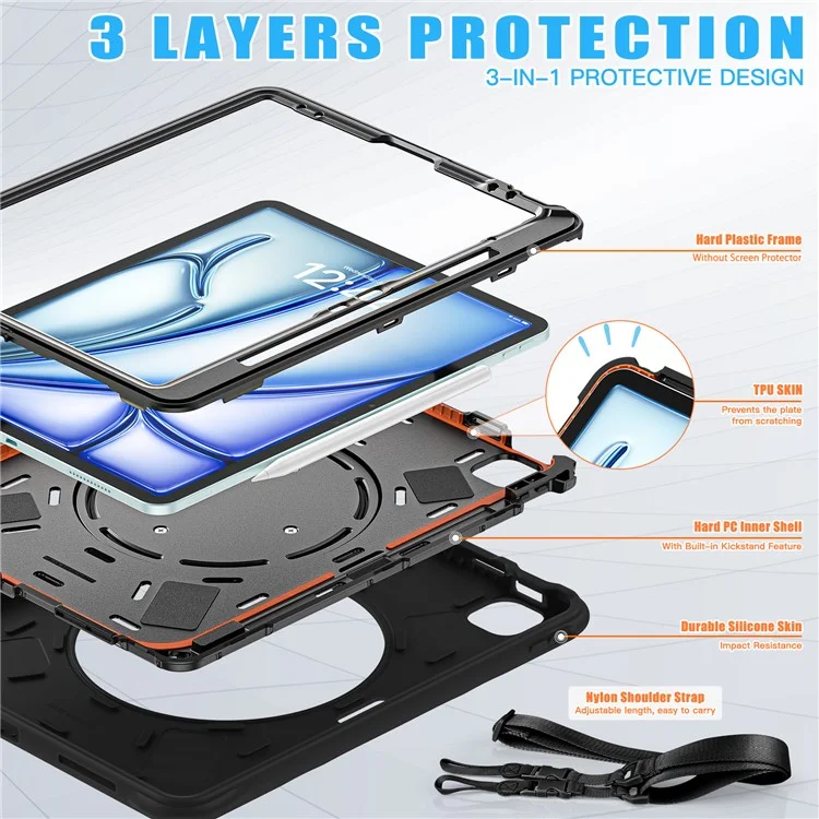 For iPad Air 13 (2025) / (2024) / Pro 12.9 (2022) / (2021) / (2020) / (2018) Case with Shoulder Strap Kickstand Tablet Cover - Black