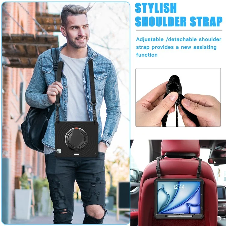 For iPad Air 13 (2025) / (2024) / Pro 12.9 (2022) / (2021) / (2020) / (2018) Case with Shoulder Strap Kickstand Tablet Cover - Black