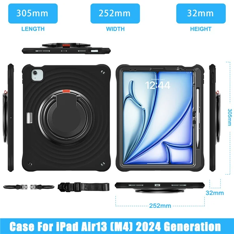For iPad Air 13 (2025) / (2024) / Pro 12.9 (2022) / (2021) / (2020) / (2018) Case with Shoulder Strap Kickstand Tablet Cover - Black