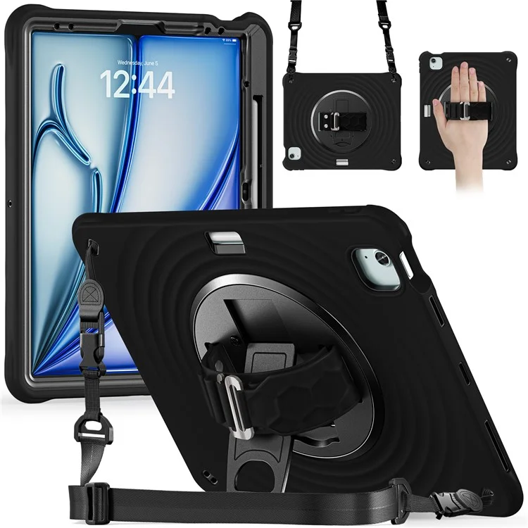 Para iPad Air 13 (2024) / iPad Pro 12.9 (2022) / (2021) / (2020) / (2018) Carcasa con Soporte, Correa de Mano y Correa de Hombro - Negro