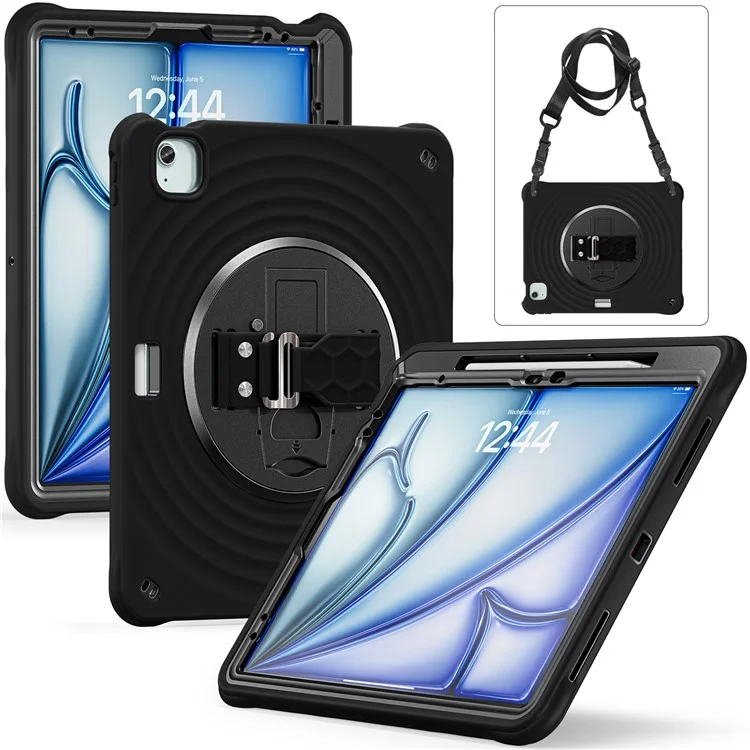 Para iPad Air 13 (2024) / iPad Pro 12.9 (2022) / (2021) / (2020) / (2018) Carcasa con Soporte, Correa de Mano y Correa de Hombro - Negro