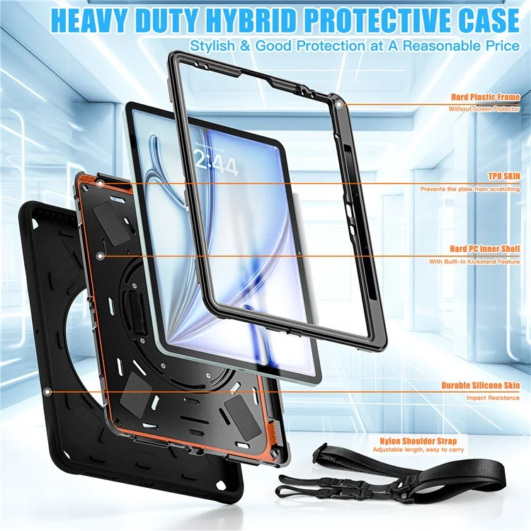 Para iPad Air 13 (2024) / iPad Pro 12.9 (2022) / (2021) / (2020) / (2018) Carcasa con Soporte, Correa de Mano y Correa de Hombro - Negro