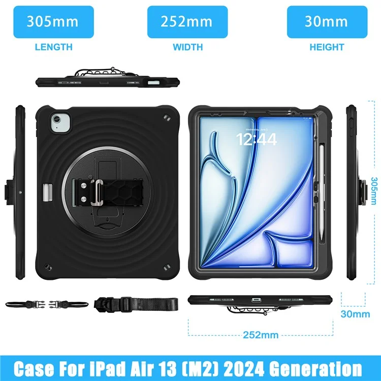 Para iPad Air 13 (2024) / iPad Pro 12.9 (2022) / (2021) / (2020) / (2018) Carcasa con Soporte, Correa de Mano y Correa de Hombro - Negro
