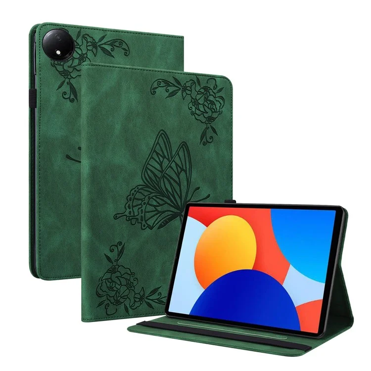 Für Xiaomi Redmi Pad SE 4G 8,7 Zoll Hülle Schmetterling Blume Prägung PU-Leder Tablet-Cover mit Kartenschlitzen - Grün
