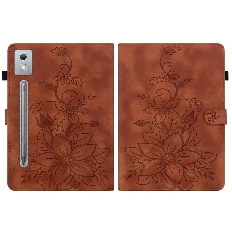 For Lenovo Tab P12 Pro 12.7 2025 / Xiaoxin Pad Pro 12.7 (2025) Case Lily Flower Imprint Card Slots Leather Tablet Cover - Brown