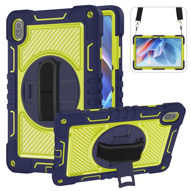Per Huawei MatePad SE 11 2024 Tablet Case Silicone+PC Antiurto Cover con Supporto a Sbalzo Tracolla - Navy Blue + Giallo Verde