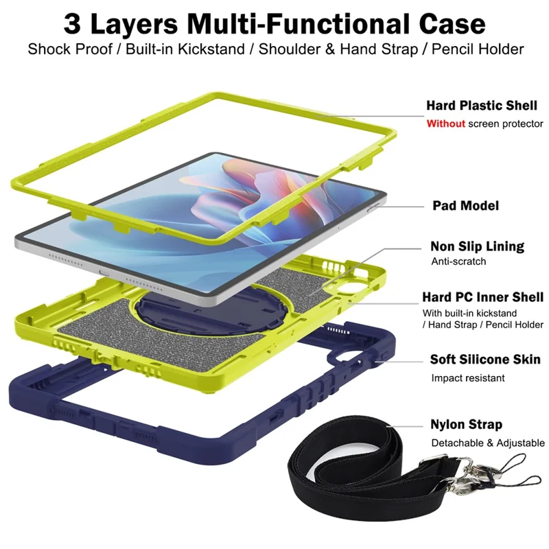 Per Huawei MatePad SE 11 2024 Tablet Case Silicone+PC Antiurto Cover con Supporto a Sbalzo Tracolla - Navy Blue + Giallo Verde