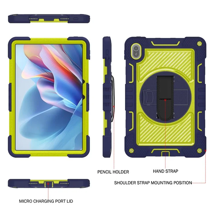 Per Huawei MatePad SE 11 2024 Tablet Case Silicone+PC Antiurto Cover con Supporto a Sbalzo Tracolla - Navy Blue + Giallo Verde