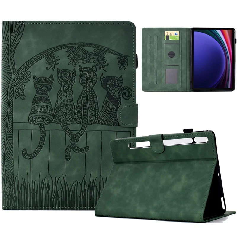 Per Samsung Galaxy Tab S9 Case Cats Imprinted PU Leather Card Slots Tablet Cover - Verde