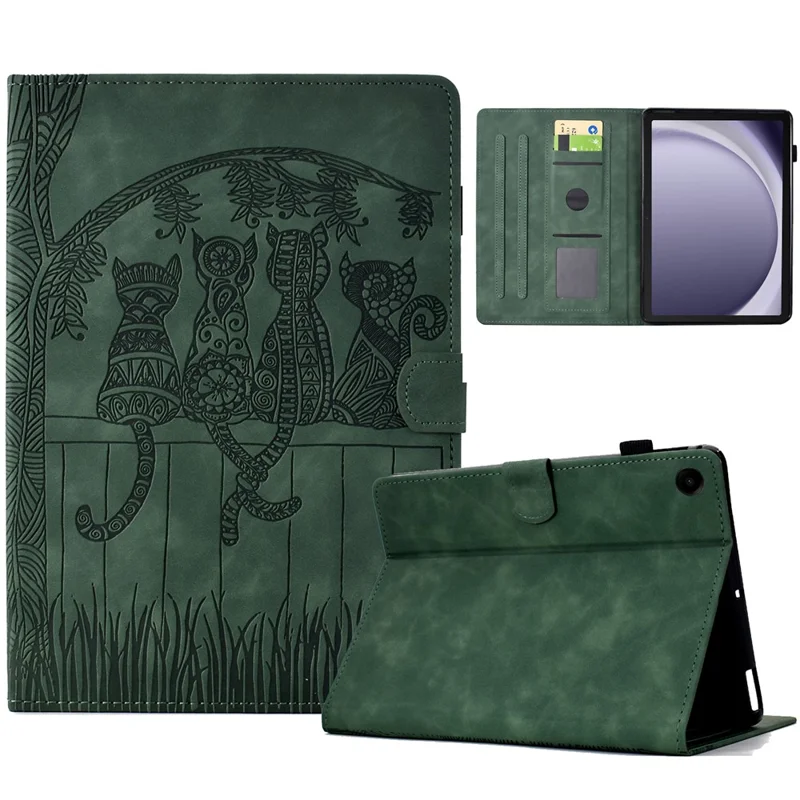For Samsung Galaxy Tab A9+ Case Cats Imprinted PU Leather Card Slots Tablet Cover - Green