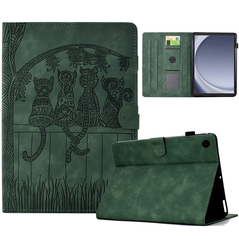 For Samsung Galaxy Tab A9 Case Cats Imprinted PU Leather Card Slots Tablet Cover - Green