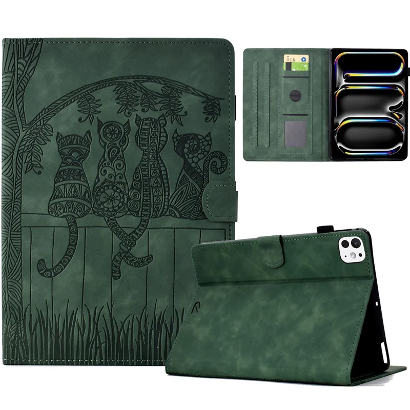For iPad Pro 11 (2025) / (2024) Case Cats Imprinted PU Leather Card Slots Tablet Cover - Green
