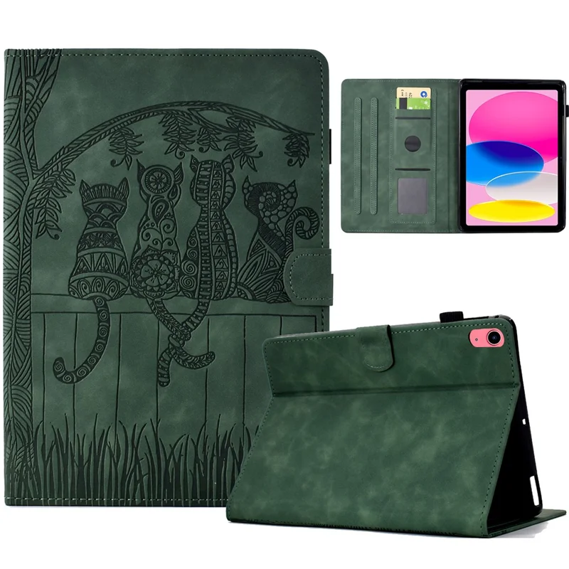 For iPad (2025) / 10.9 (2022) Case Cats Imprinted PU Leather Card Slots Tablet Cover - Green